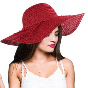 Beach Straw Floppy Hat for Women Wide Brim Red